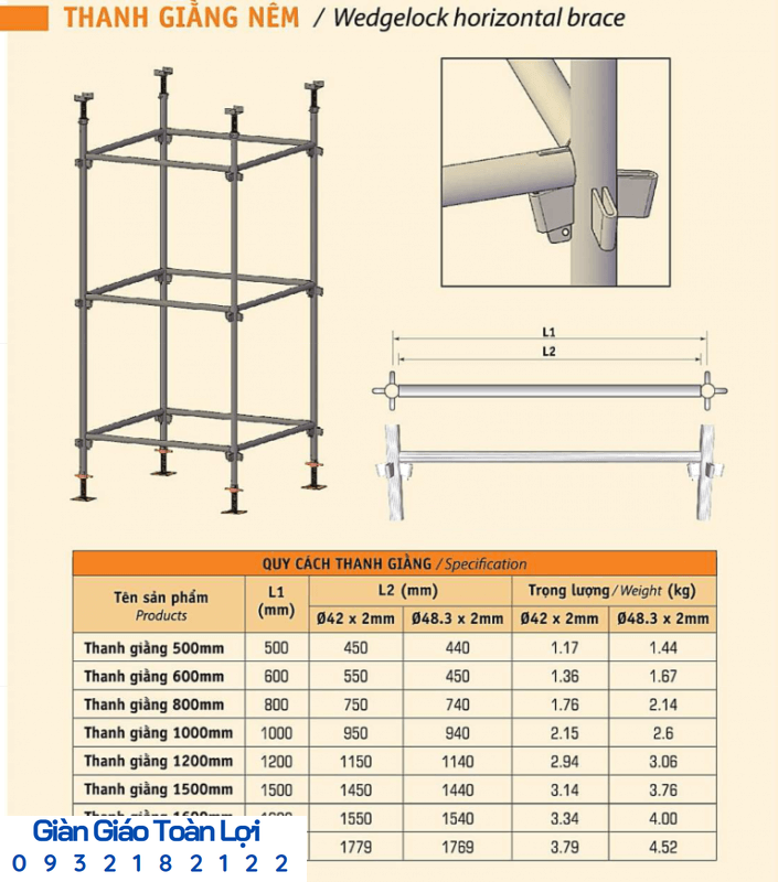 Các loại kích thước thanh giằng giàn giáo nêm