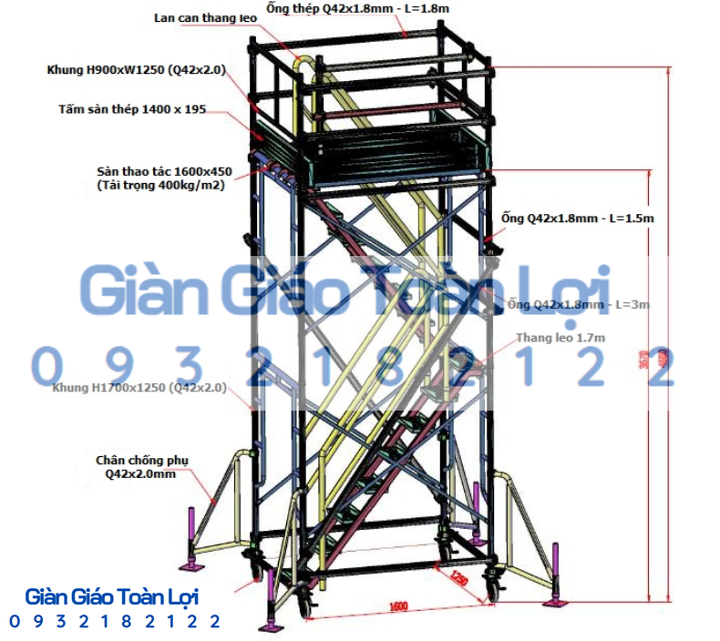 Thang giàn giáo thi công dùng cho thao tác di chuyển có bánh xe